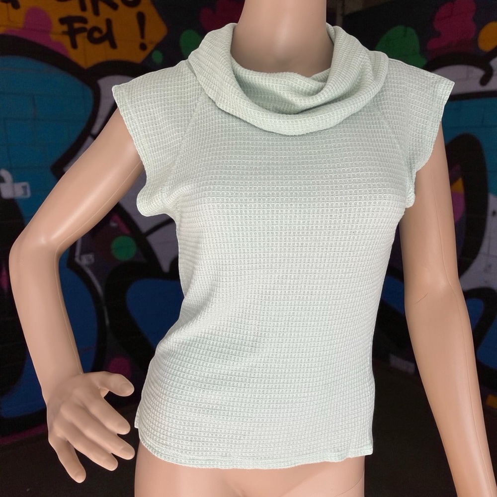 Free People Mint Green Cowl Neck Top Size L | Sleeveless Waffle Knit Textured